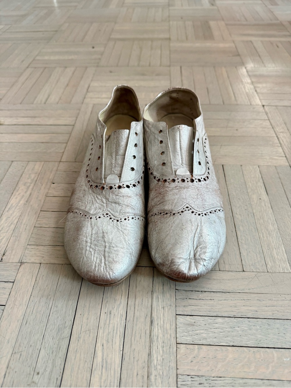 Marsell Distressed Silver Leather Slip-On Brogue Flats
